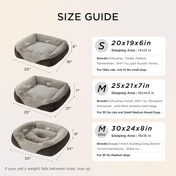 Bedsure Washable Dog Bed Small Dog＆Cat- Rectangle Fluffy Plush Kitten Puppy Bed, Comfy Corduroy Fleece and Nonskid Bottom,20x19x6inches,Suitable for Pet Up to 15lbs,Brown