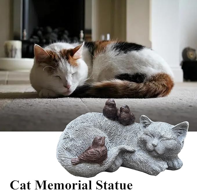 Cat Statue Outdoor Garden Decor - 11.4" Sparrows on Cat Figurine Memorial Grave Markers Garden Resin Sculpture for Outdoor Decoration, Pet Statues Gifts for Loss of Tabby Sympathy 11.4" x 7.1" x 4.6"
