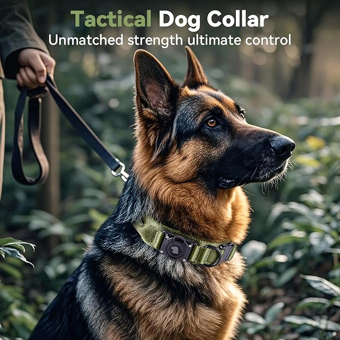 2025 Upgrade Waterproof AirTag Dog Collar, Military Tactical Dog Collar with AirTag Holder, Comfortable Control Handle and Metal Buckle, GPS Dog Collar Holder for Medium to Large Dogs (ArmyGreen, L)