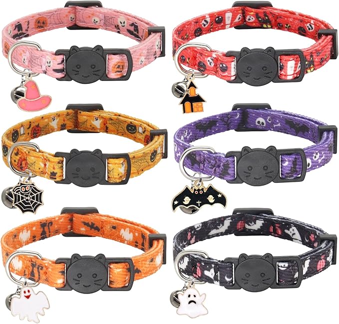 Halloween Cat Collar, Cotton 2 Pack Cat Collar with Bells, Breakaway Collars for Girl Boy Cats Kittens, Halloween Pink