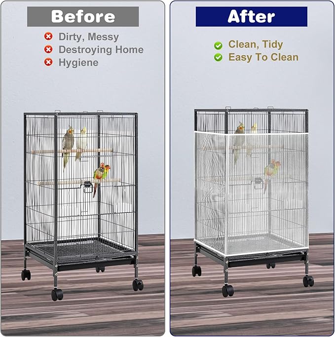 Universal Bird Cage Seed Catcher Net, White Adjustable Birdcage Mesh Cover, Stretchy Band Skirts Bird Cage Net for Parrot Cages Stops Scatter, Breathable & Reusable