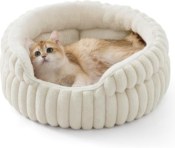 Bedsure ComfyFleece™ Small Cat Bed, Washable Round Cute Pet Beds for Indoor Cats, Super Soft Corduroy Kitten Bed with Anti-Slip Bottom, 20''x20''x8'', Cream