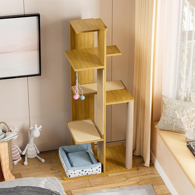 PAKASEPT 65.5" Tall Cat Tree, Multi-Level Modern Cat Tower with Sisal Scratching Posts, Cat Bed, Cat Balls, Freestanding Wooden Cat Activity Center, Cat Tree Tower for Indoor Small Large Cats