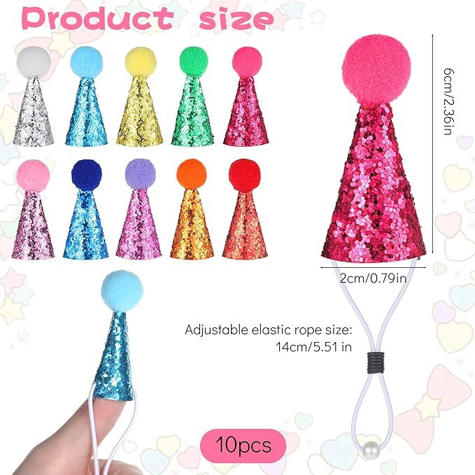 10PCS Small Party Hats for Stuffed Animals, Mini Birthday Hats for Stuffed Animals, Dogs, Cats, Adjustable Tiny Hat with Pom Poms, Holiday Birthday Costume Accessories