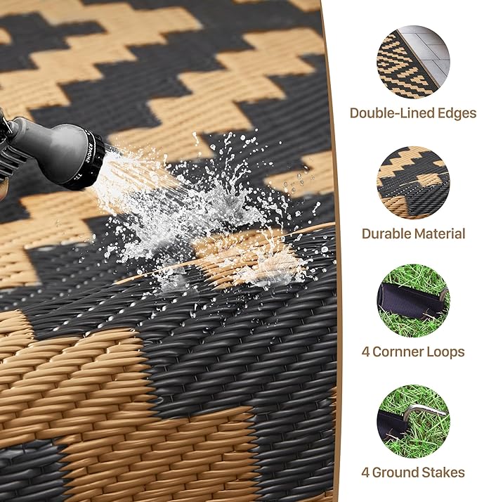 GENIMO Outdoor Rug 3'x5' Waterproof, Reversible Camping Mat, Plastic Straw Rugs for Patio, RV, Camper, Balcony, Backyard, Picnic, Deck (Black & Brown)