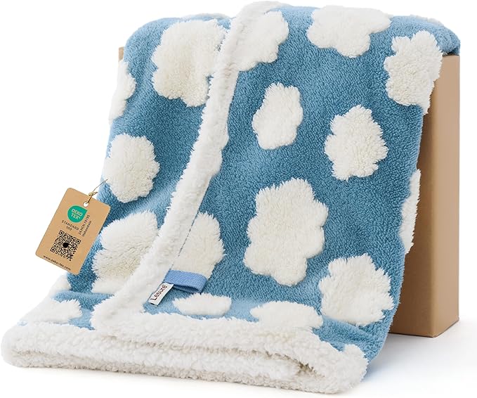LE SURE Waterproof Puppy Blanket for Small Dogs - Washable Double Sided Dog Blankets with Warm Jacquard Shag and Soft Sherpa Fleece, Pet Cat Blanket for Couch Protection, 3D Textured Cloud, Blue