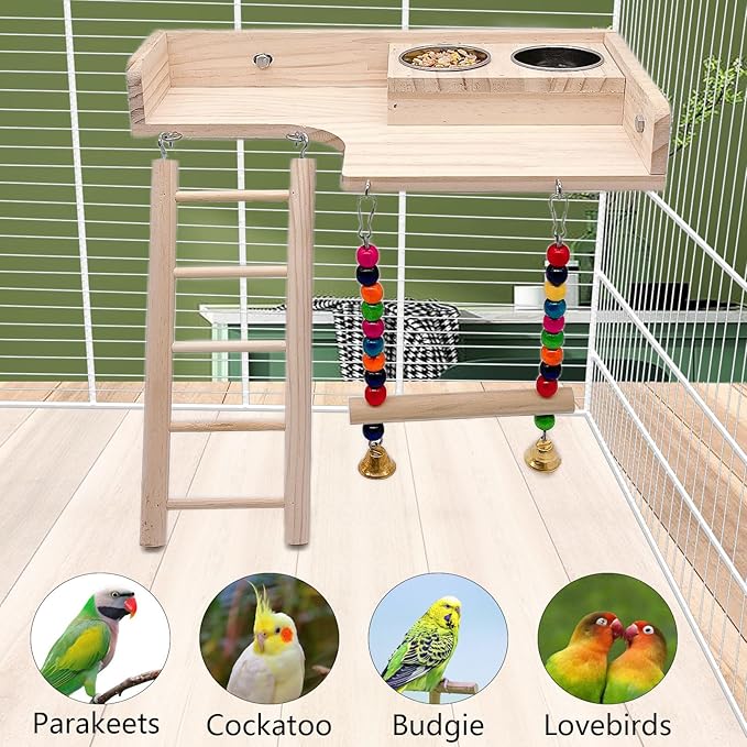 kathson Bird Perches Platform with Climbing Ladder and Swing,Parrot Cage Playground Toys with Food Cups,Parakeet Playing Gyms Wooden Exercise Training Stands for Budgie,Lovebird,Cockatiels
