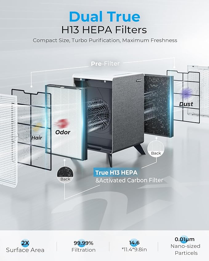 Air Purifiers for Home Large Room Up to 2250 ft² - Dual 3-Stage Filter of Washable Filter and True HEPA Filter with AQI, Auto Mode, Sleep Mode