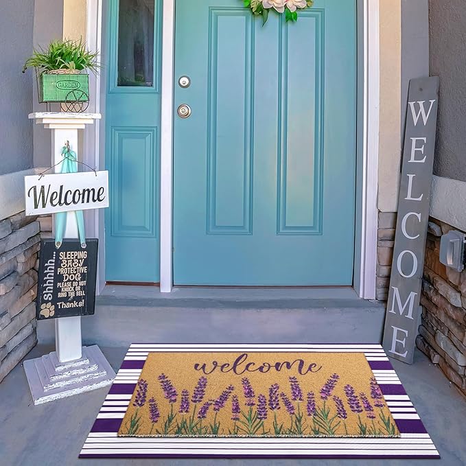 Tinideya 2 Pcs Lavender Door Mat Purple and White Stripe Welcome Non Slip Coir Mats Flower Floor Layering Doormats Seasonal for Front Porch Entryway Decor(Lavender)