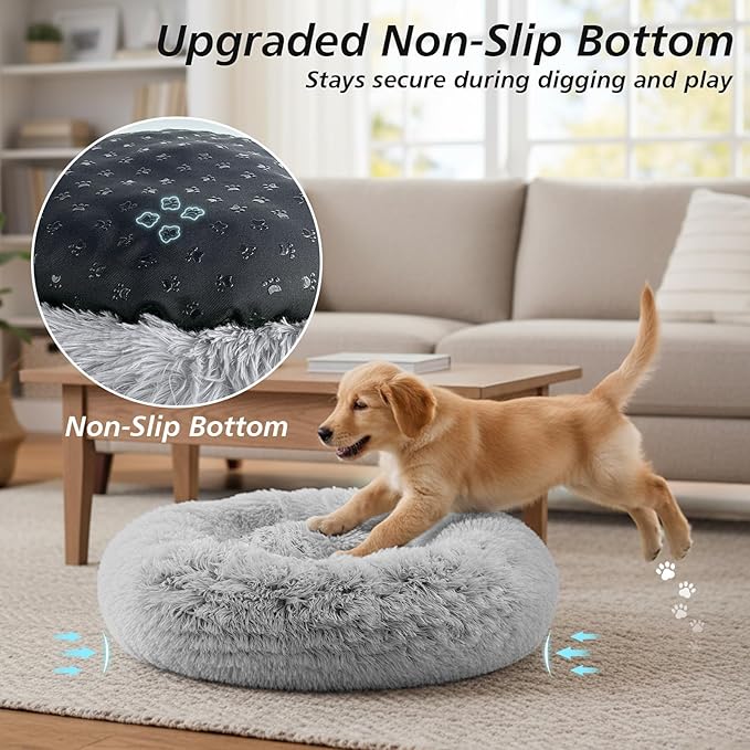 JOLLYVOGUE Calming Dog Bed Large Size Dog, Anti-Anxiety Donut Large Pet Bed, 36 inches Fluffy Faux Fur Round Cat Bed, Fits up to 75 lbs Pets (Smoke Grey)