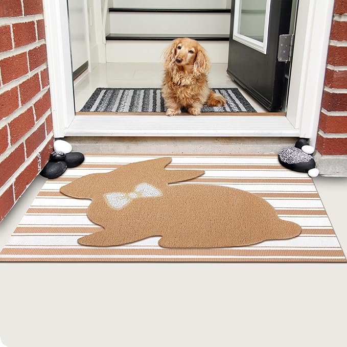 Tinideya 2 Pcs Bunny Door Mat Rabbit Welcome Non Slip Coir Mats Brown and White Stripe Floor Layering Doormats Seasonal for Front Porch Entryway Decor(Rabbit)