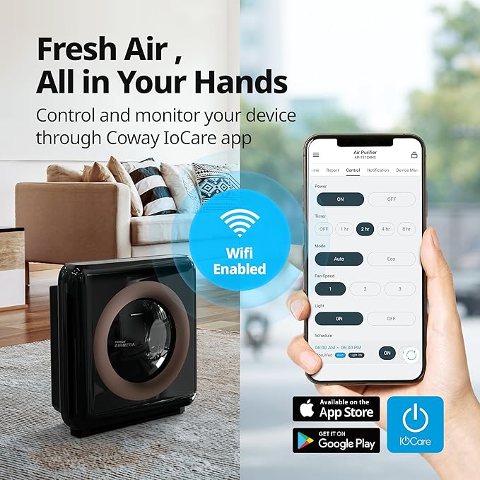 COWAY Air Purifier for Home Up to 1,575ft², App-Enabled Smart Technology, Compatible with Amazon Alexa, HEPA Filter for Smoke, Allergies, Odor, Auto Mode, Airmega AP-1512HHS Black