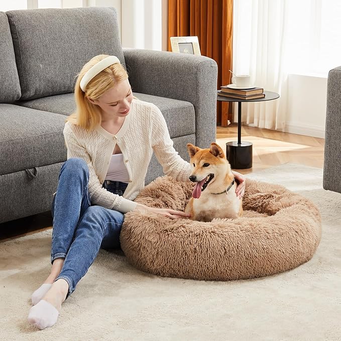 Sweetcrispy Donut Dog Bed, Large Round Calming Cat Bed with Washable Waterproof Cushion, Anti-Anxiety & Anti-Slip Fluffy Cuddle Cozy Faux Fur Plush for Pet Puppy Indoor Sleeping (30.7"x30.7", Brown)