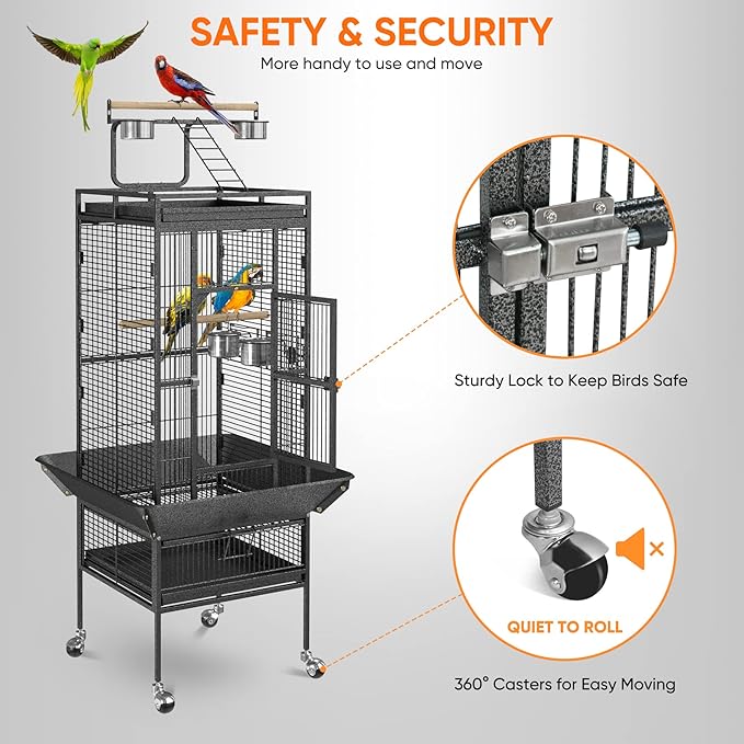 SUPER DEAL PRO 61-inch 2in1 Large Bird Cage with Rolling Stand Playtop Parrot Chinchilla Finch Cage Macaw Conure Cockatiel Cockatoo Pet House Wrought Iron Birdcage, Black