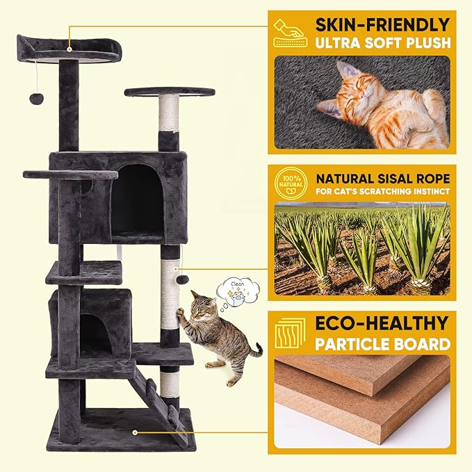 54-inch Cat Tree with Sisal-Covered Scratching Posts, Sturdy Standing Cat Tower for Indoor Kittens, Multi-Level Platforms, Perches, Condo and Hanging Ball for Cats to Play and Sleep