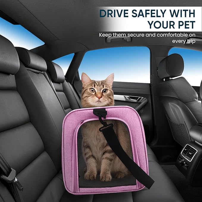 Pet Travel Carrier Bag – Airline Approved Soft-Sided Dog & Cat Carrier, Foldable, Breathable Mesh, Washable Pad – Fits Pets up to 15 lbs – The Pup Quartet (Pink)