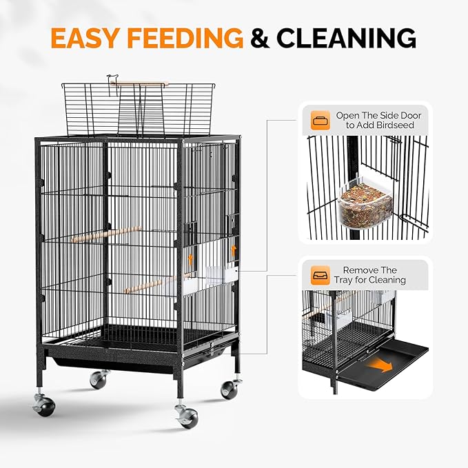 VINGLI Bird Cage with Wheels, Durable Wrought Iron Parakeet Cage with Slide Out Tray, Black Bird Cages for Parakeets/Lovebird/Cockatiels/Budgies and Other Small/Medium Birds (Medium-38 inch)