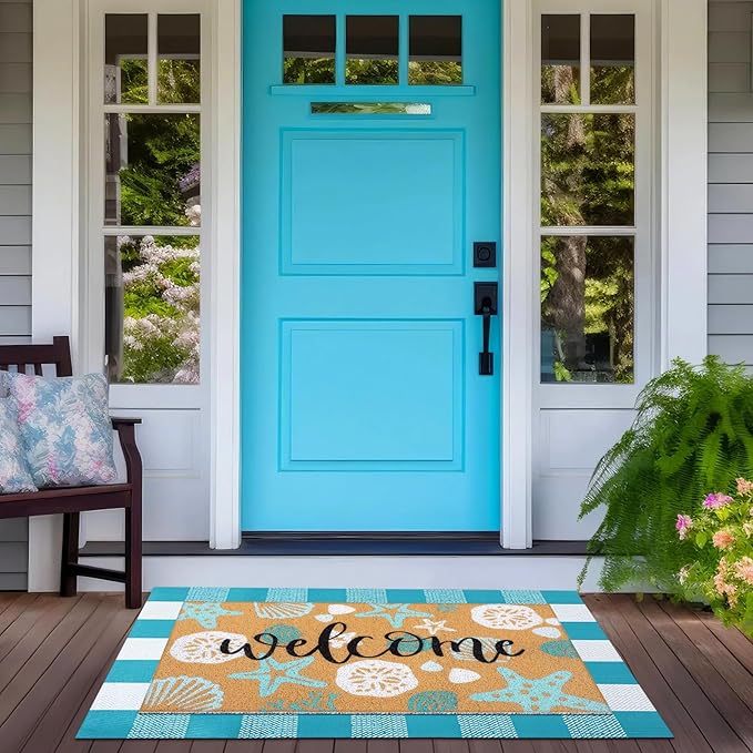 Tinideya 2 Pcs Summer Door Mat Coastal Beach Welcome Non Slip Coir Mats Sea Style Starfish Seashells Ocean Buffalo Plaid Floor Layering Doormats Seasonal for Front Porch Entryway Decor(Summer Beach)