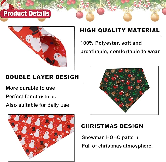 ADOGGYGO Christmas Dog Bandanas 2 Pack, Reversible Snowman Hoho Pattern Xmas Scarf, Premium Fabric, Adjustable Fit Red Green Christmas Bandanas for Extra Large Dogs (X-Large)