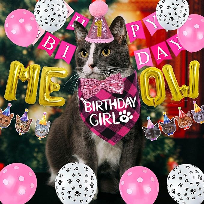 STMK Cat Birthday Party Supplies - Hat, Bandana, Bow Tie, Collar, Banner, Garland, Meow Letter Balloons, Kitten Outfits - Pink