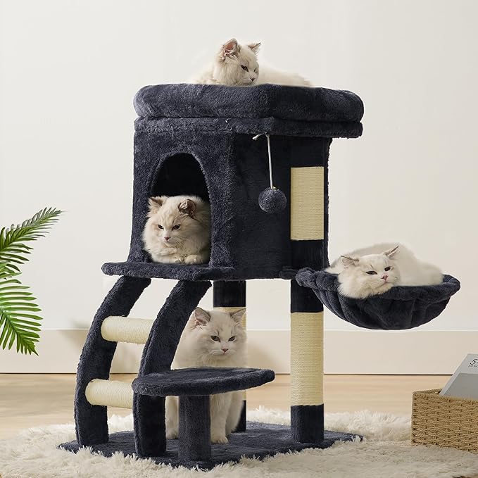 Heybly Cat Tree Tower, Cat condo for Indoor Kittens, Cat House with Wide Plush Top Perch, Ladder, Basket, Sisal-Covered Scratching Posts, Cozy Activity Center for pet, Smoky Gray HCT009SG