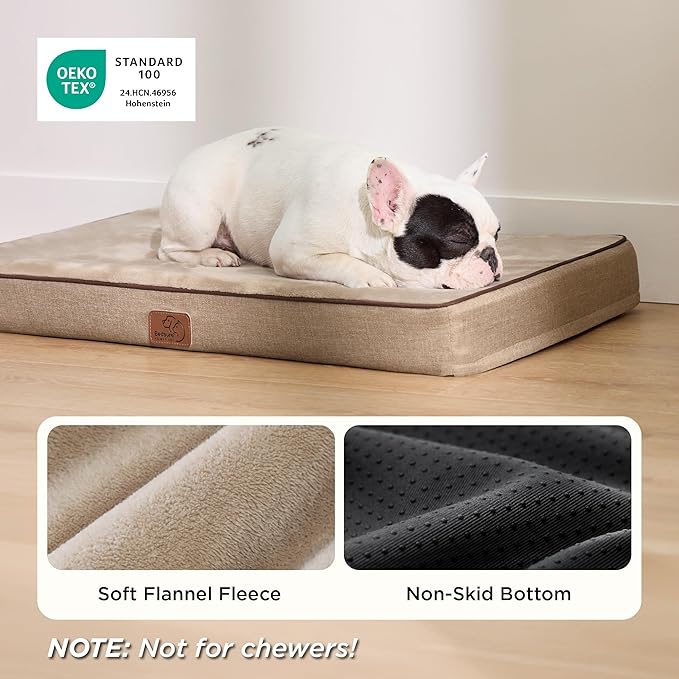Bedsure Memory Foam Dog Bed Medium Size Dogs- Orthopedic Pet Beds for Crate with Removable Washable Cover and Nonskid Bottom - Plush Flannel Fleece Top Pet Mat, Khaki