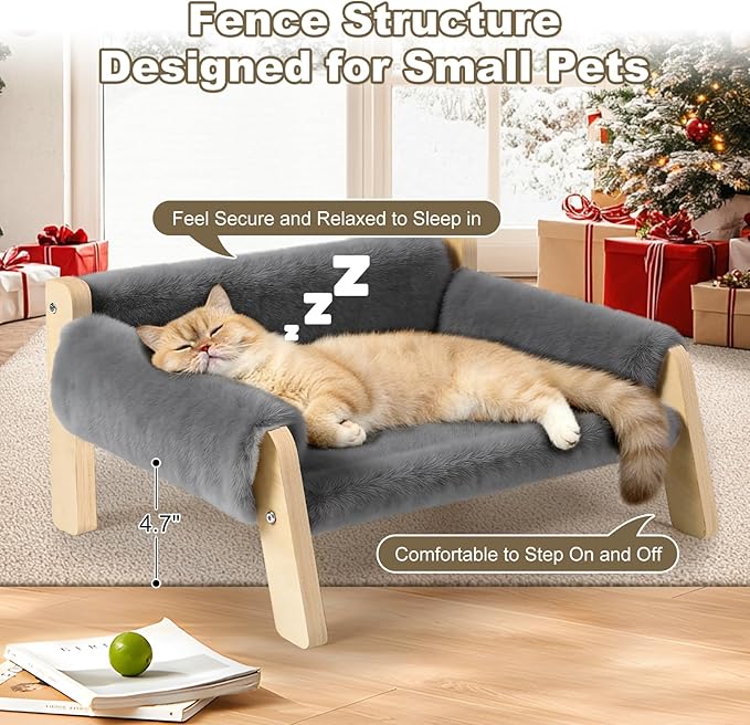 Elevated Cat Couch Bed for Indoor Cats - Wooden Pet Sofa with Removable Washable Thick Cover Raised Kitty Lounge Chair Suitable for Puppy or Small Animals(Cat Sofa Light Grey)