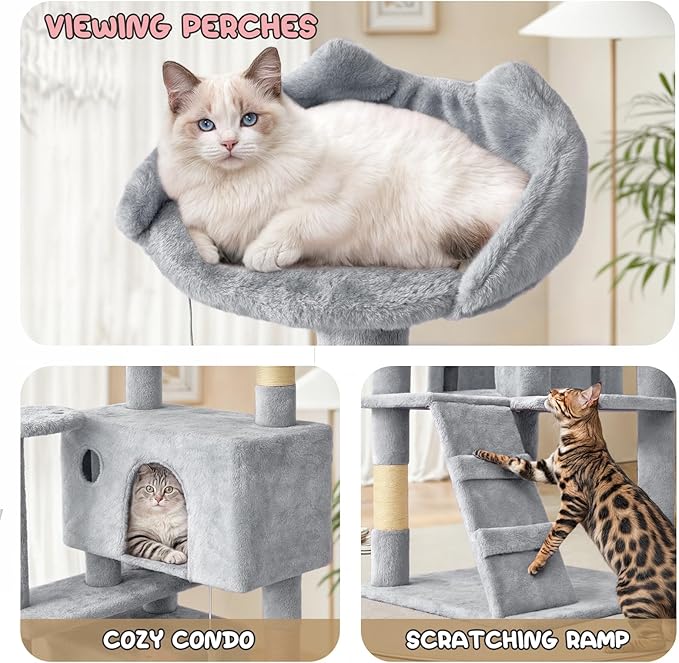 MoNiBloom 70 Inch Cat Tree Tower for Indoor Cats Large Adults, Tall Cat Tower with Scratching Post, Multi-Level Furniture Activity Center with Cat Condo Pet Play House, Light Grey