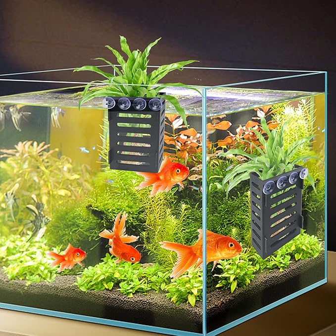 Aquarium Plant Holder 4 PCS Hanging Aquatic Plant Pot with 24 Hooks and 20 Suction Cups for Fish Tank Aquarium Planter and Aquascape Decorations (Black)