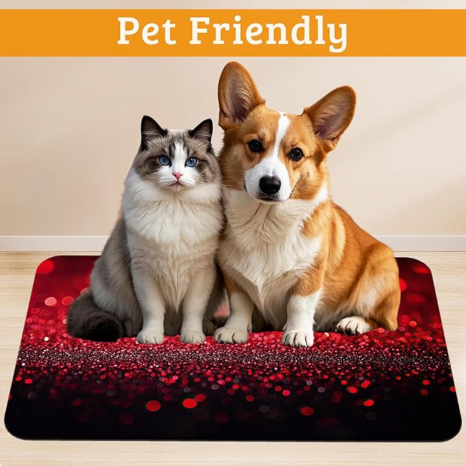 Red Gradienr Feeding Mat,Black Glitter Absorbent Quick-Dry Cat Dog Food and Water Bowl Mats,Non-Slip Rubber Backing Mat,Cat Dog Accessories Supplies 16" x 24"