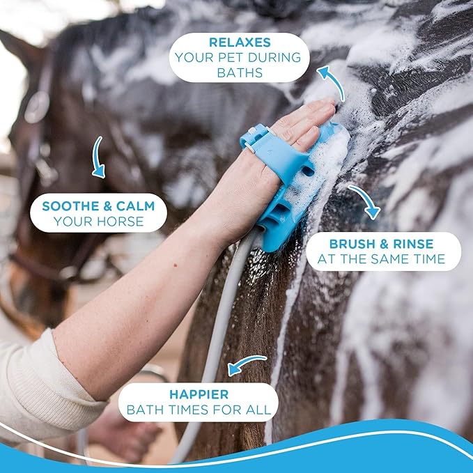 Aquapaw 5-in-1 Horse & Dog Bath Brush & Curry Comb - XL Blue Silicone - Includes 3-ft Shower Hose Attachment & Adapter - Adjustable Spray Scrub Massager - Great for Horses & Big Dogs