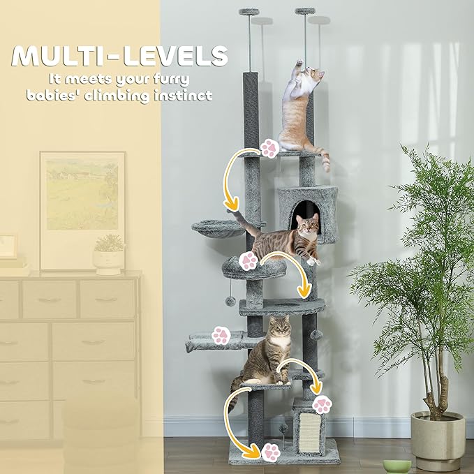 PawHut Floor to Ceiling Cat Tree, 89"-100" Adjustable Height Cat Climbing Tower Activity Center for Indoor Cats with Cat Perch, Condo, Hammocks, Scratching Posts & Ramp, Gray