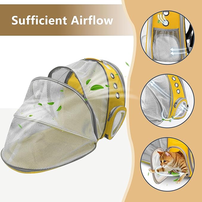 Cat Backpack Carrier Back Expandable Bubble Pet Carrier Backpack for Large Cat, Kitten and Dog, Designed for Hiking, Travelling and Outdoor Use (Back Expandable-Yellow)
