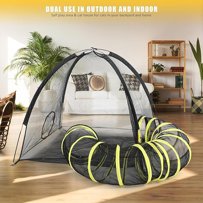 Outdoor Cat Enclosure with Circle Tunnel for Kitten Kitty Run - Portable Large Cat Playpen Tent Outdoor Indoor Pet Tent for Outside Small Animals