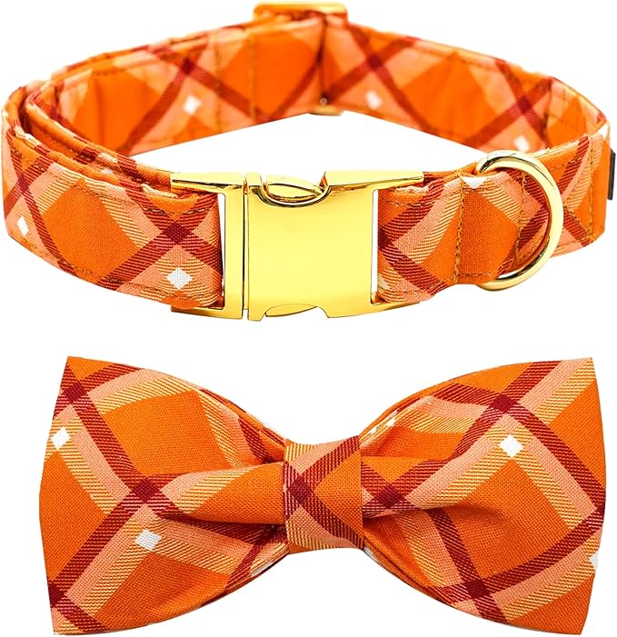 Fall Dog Collar, Pet Collar Bow Orange Plaid Collars Girl Boy Holiday Pet Collars Gift Bow Dog Collar Cute Soft Puppy Collars for Large Dogs