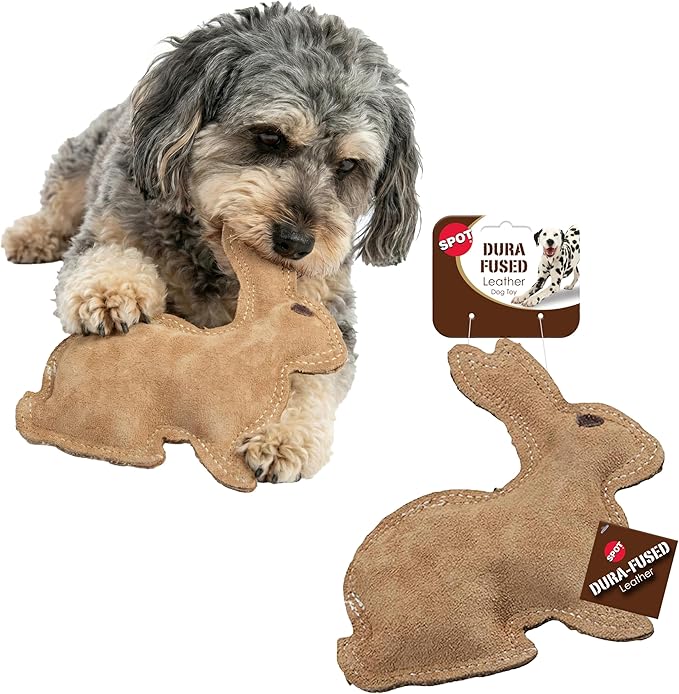 SPOT Dura-Fused Leather Rabbit Dog Toy – Durable Real Leather & Jute Chew Toy with Squeaker, Double-Stitched for Moderate Chewers, Small & Medium Dogs, 7.5in