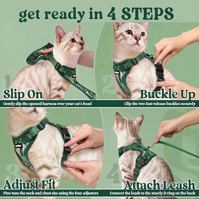 rabbitgoo Cat Harness and Leash for Walking, Escape Proof Soft Adjustable Vest Harnesses for Cats, Easy Control Breathable Reflective Strips Jacket,Rainforest Green,M