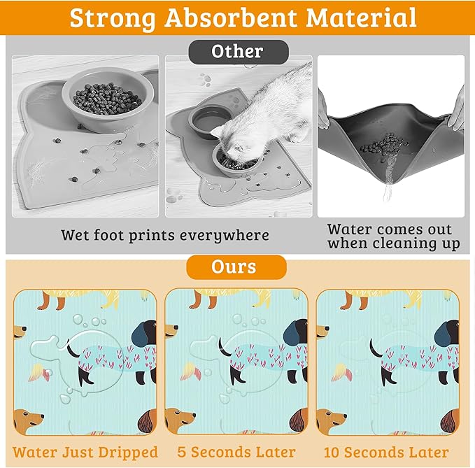 Dachshund Dog Cat Food Mat,Absorbent Waterproof Placemat for Food and Water Non Slip Rubber Backing Durable Feeding Pad for Clean Floors 16" x 24"