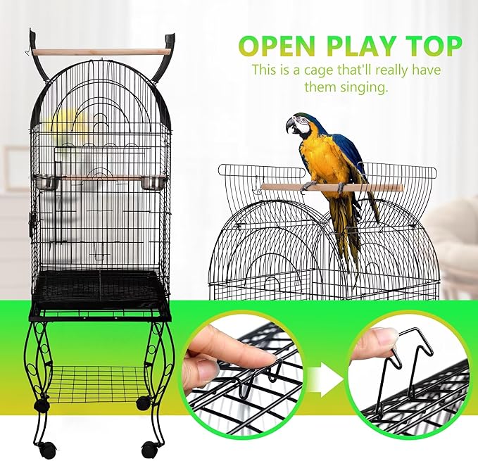 SUPER DEAL 63.5'' Rolling Bird Cage Large Wrought Iron Cage for Cockatiel Sun Conure Parakeet Finch Budgie Lovebird Canary Medium Pet House with Rolling Stand & Storage Shelf