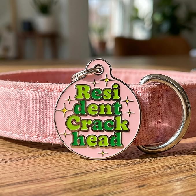 Bad Tags Personalized Dog and Cat ID Tags in 25+ Designs and 2 Sizes - 5 Lines of Custom Engraved Text - Funny Cute Personalized Pet Tags (Resident Crackhead - Pink, Small (1 inch))