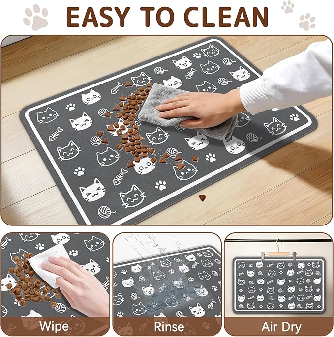 Dog Food Mat for Bowls, Absorbent Quick Dry Dog Cat Mats for Food and Water, Non-Slip Backing Pet Mat Pet Supplies - Cute Cat Pattern