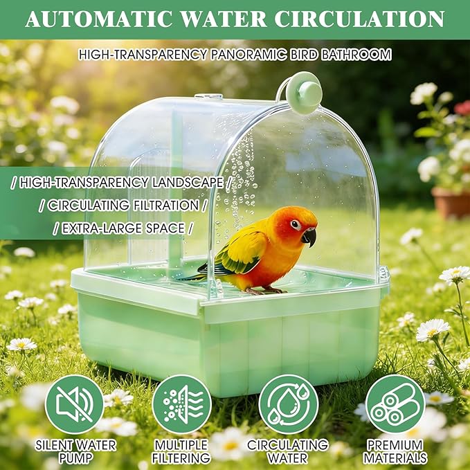 Pacify Automatic Bird Bath for Cage, Hanging Bird Shower with Pump, Circulating Water Indoor Parakeet Bathtub Bird Cage Accessory for Parrot, Parakeet, Cockatiel, Budgie, Conure, Lovebird