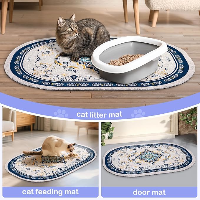 Bienbee Cat Litter Mat, 40" x 30" Jumbo Size Litter Box Mat Rug with Non-Slip Bottom, Urine and Water Proof, Easy to Clean Cat Supplies Essentials for Indoor Kitty Kitten Floor, Blue XL