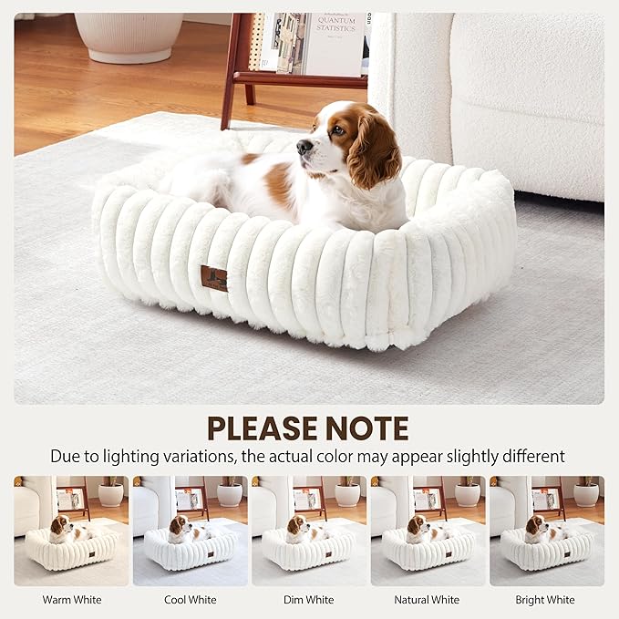 Washable Dog Bed for Small Medium Dogs - Rectangle Orthopedic Corduroy Fleece Pet Bed with Removable Cover and Nonskid Bottom, Calming Puppy Bed Soft Pet Sofa, Cream(25x21x7inchs)