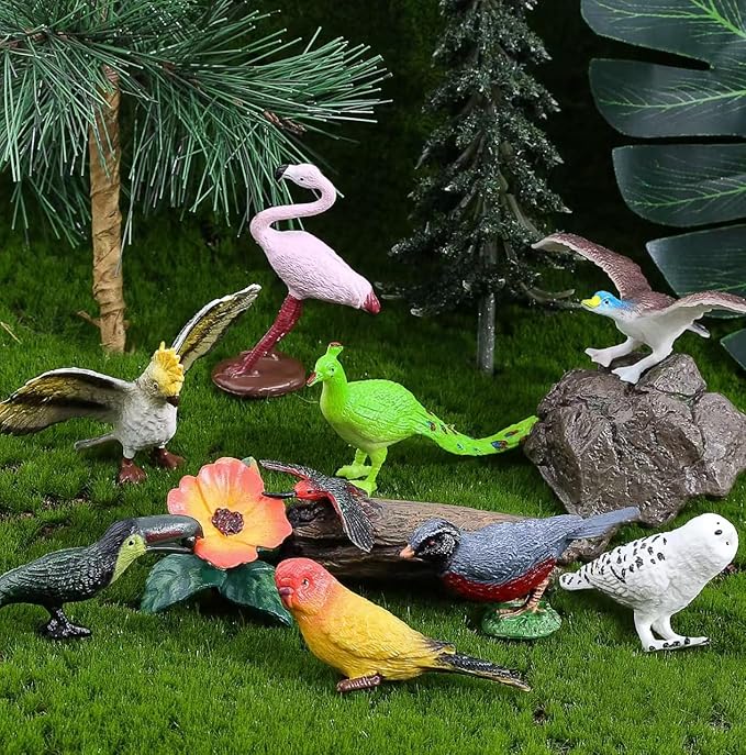30Pcs Birds Animal Figures Playset,Assorted Realistic Bird Wildlife Toys with Nest Eggs,Parrot,Owl,Eagle,Hummingbird,Flamingo for Kids Educational Birthday Cake Decoration Party Favor School Projects