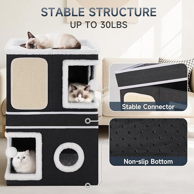 2-Storey Cat House for Indoor Cats, Separate Into 2 Large Cat Bed Cave with Hideaway Condos, Scratch Pads, Hanging Balls, Foldable Indoor Cat House, Cat Cube for Multiple Cats Kitten, Black