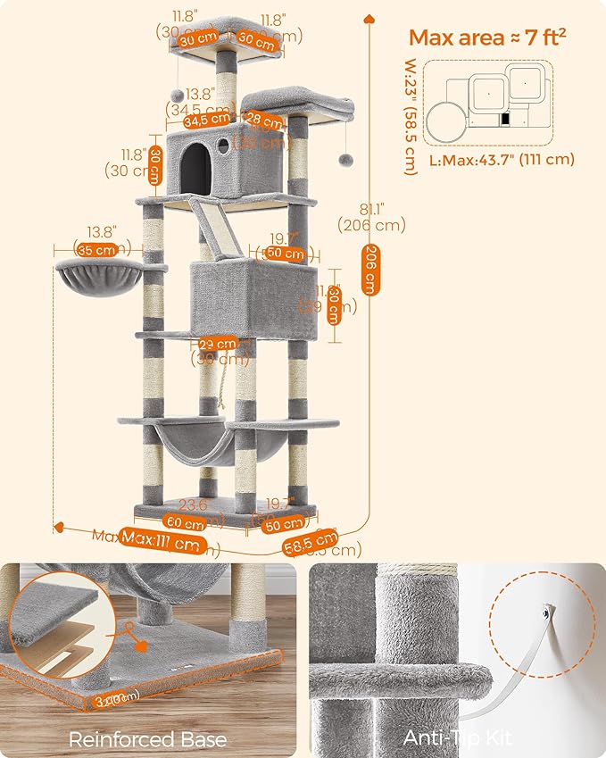 Feandrea Cat Tree, 81.1-Inch Large Cat Tower, Multi-Level Plush Condo with 13 Scratching Posts, 2 Perches, 2 Caves, Basket, Hammock, Pompoms, Light Gray UPCT190W01