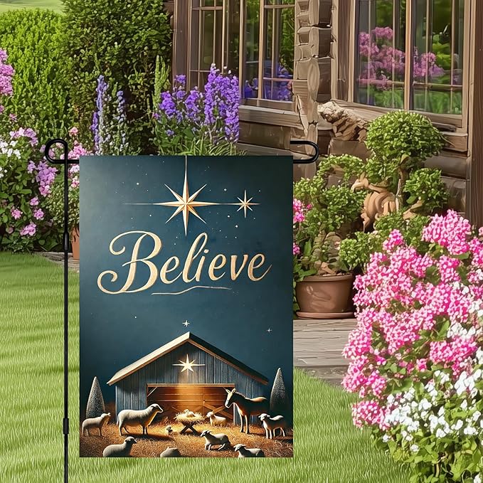 Christmas Nativity Garden Flag 12x18 Double Sided Believe Starry Night Stable Yard Flag Gold Text Blue Background Winter Outdoor Garden Decor Lawn Porch Patio Holiday Banner