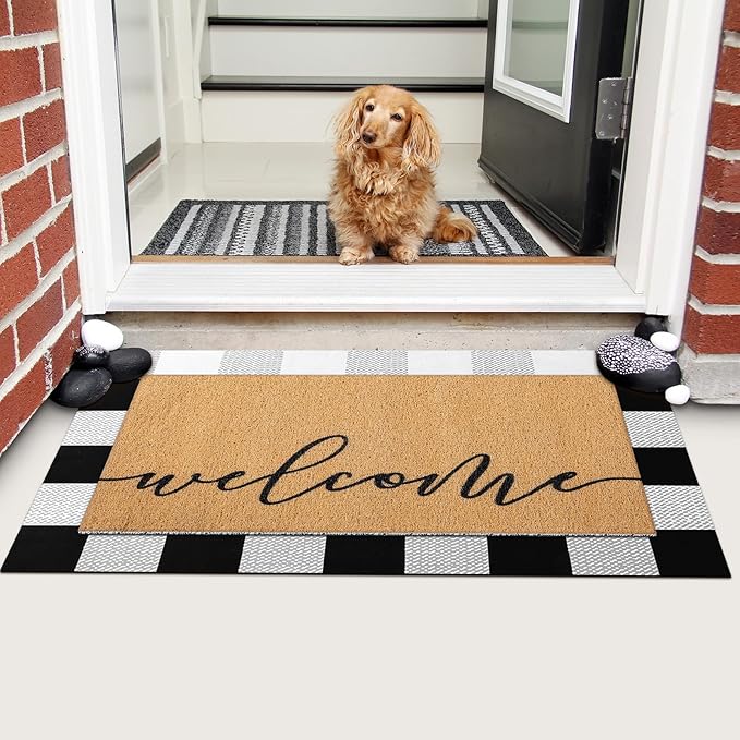 Tinideya 2 Pcs Door Mat Welcome Non Slip Coir Mats Floor Layering Doormats Seasonal for Front Porch Entryway Decor(Welcome)
