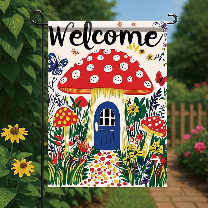 Mushroom House Garden Flag 12x18 Inch Welcome Yard Banner Whimsical Fairy Tale Style Double Sided Outdoor Decoration for Porch Lawn Patio Spring Summer Seasonal Garden Decor